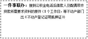 文本框: 一件事联办:接到公积金电话后借款人及配偶带齐贷款所需要求资料的原件(1个工作日,等不动产部门出《不动产登记证明抵押证》)